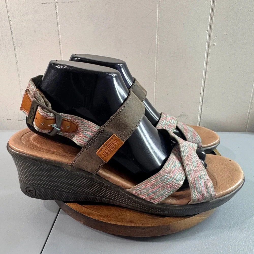 Keen Wedge Sandals Womens 9.5 Brown Multi Good Boho Strappy Buckle 1014313